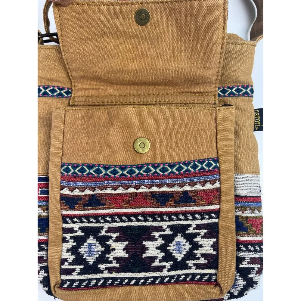 Carori Tan Canvas Aztec Tribal Print Crossbody Bag Boho Festival‎
